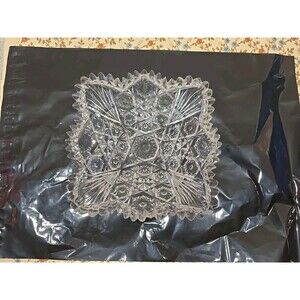 Vintage Pressed Glass Square Bowl Starburst Pattern‎ Scalloped Edge